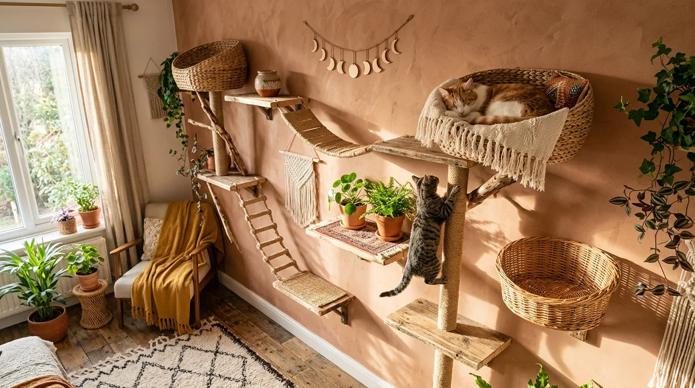 Scandinavian cat tree wall with soft oak finishes