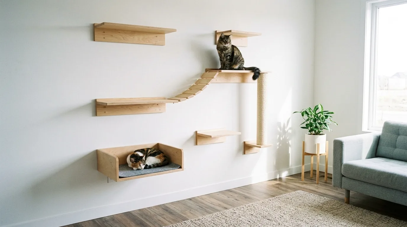 Cat walkway wrapping around a corner wall with lookout platform above sofa