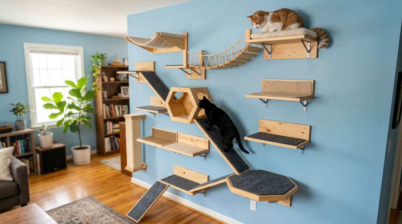 Home office cat shelves above reading chair with scratch pad bridge