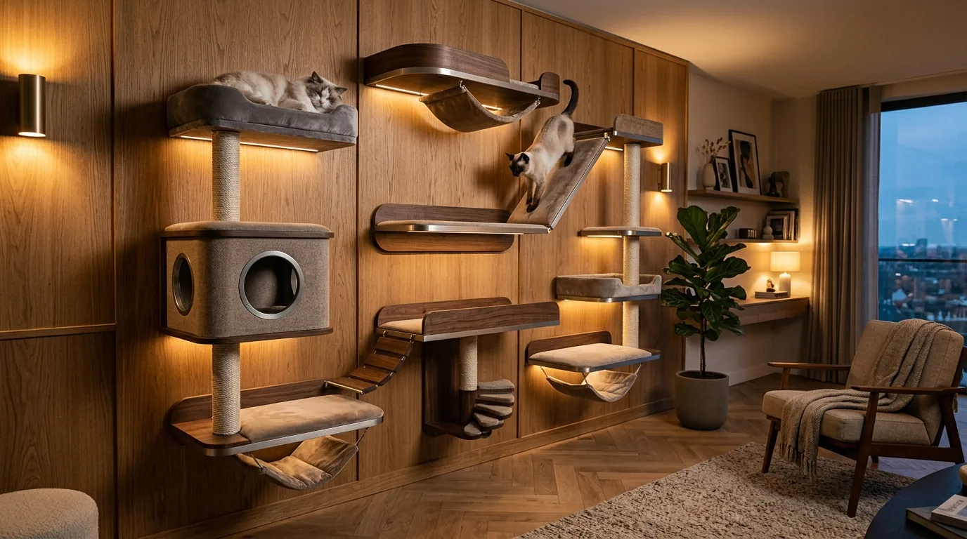 Entry wall cat perch system with slim ledges and hidden litter cabinet nearby
