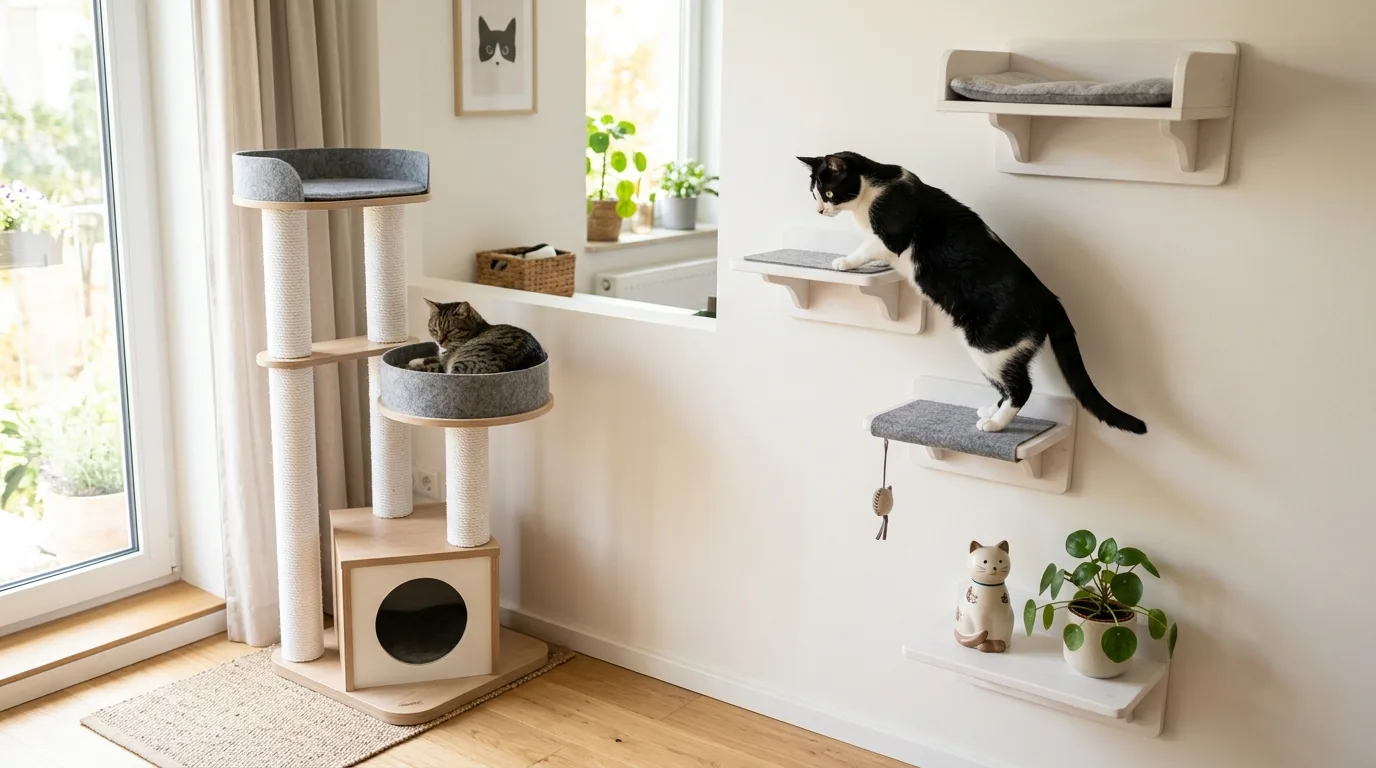 Cozy cat nook with wall mounted steps leading to sunny window bed