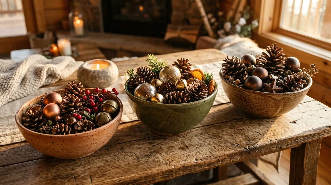 Entry console styled with ceramic village houses and evergreen branches