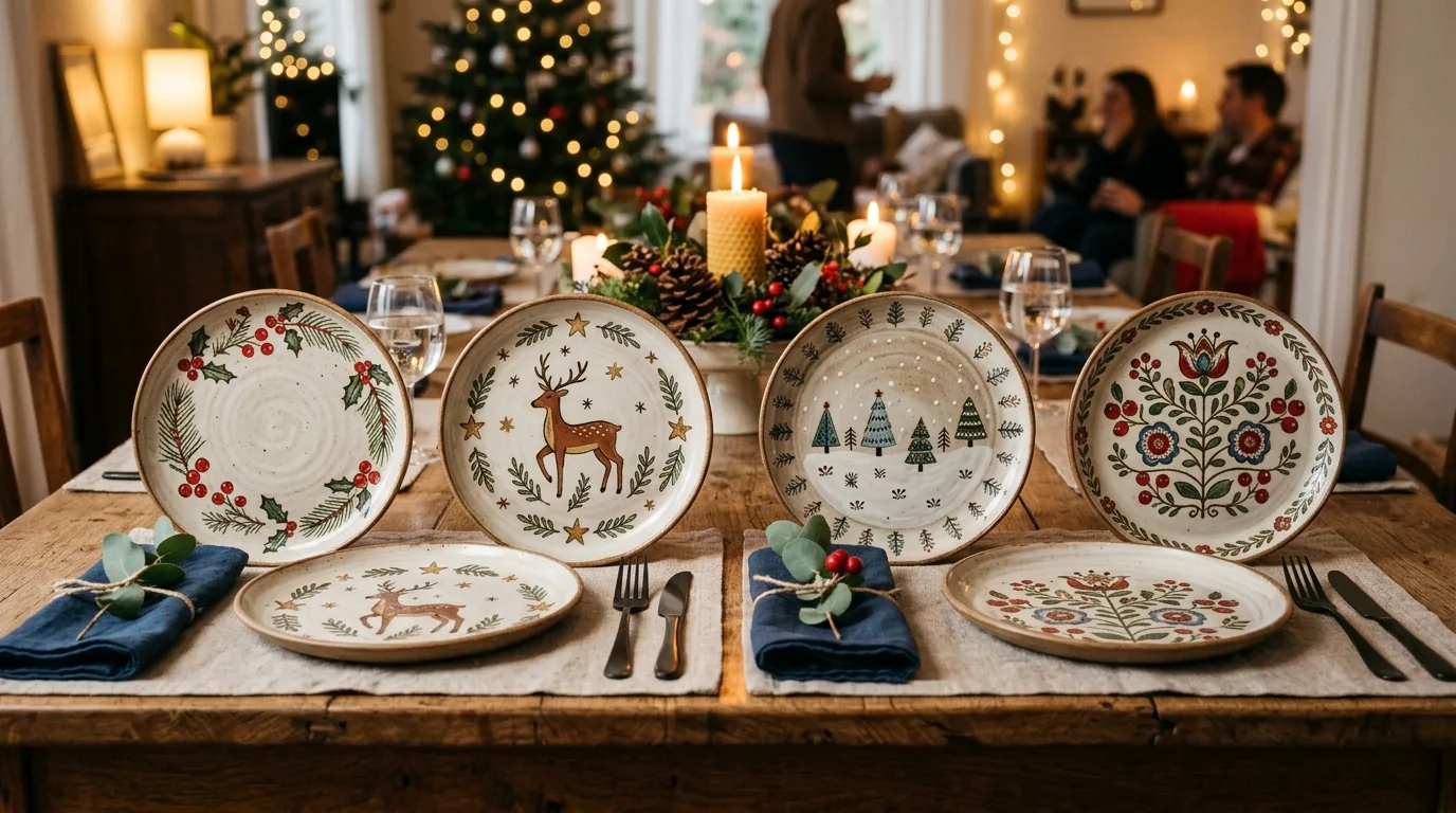 Coffee table with pottery bowl filled with ornaments and a clay candleholder trio