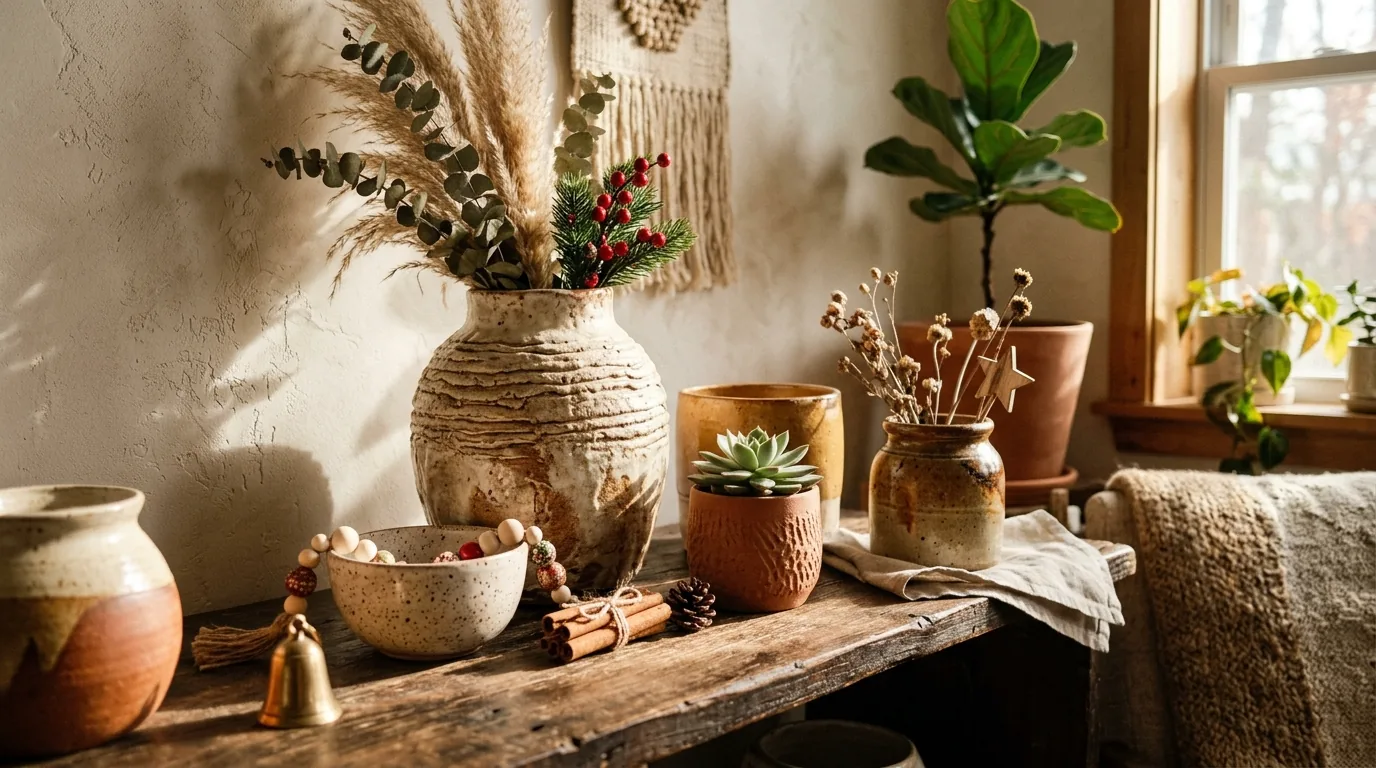 Neutral Christmas decor with matte white ceramic trees and linen runner