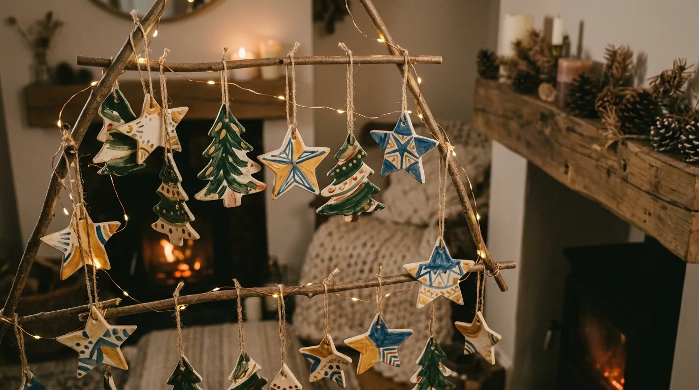 Rustic holiday shelf with terracotta pottery