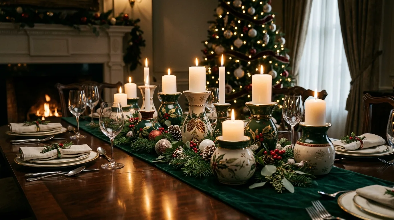 Pottery ornament display in bowl beside taper candles and wrapped gifts