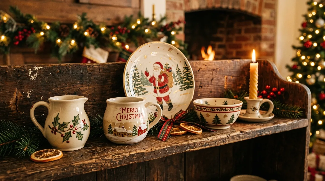 Scandinavian Christmas styling with simple ceramic houses and pale clay candleholders
