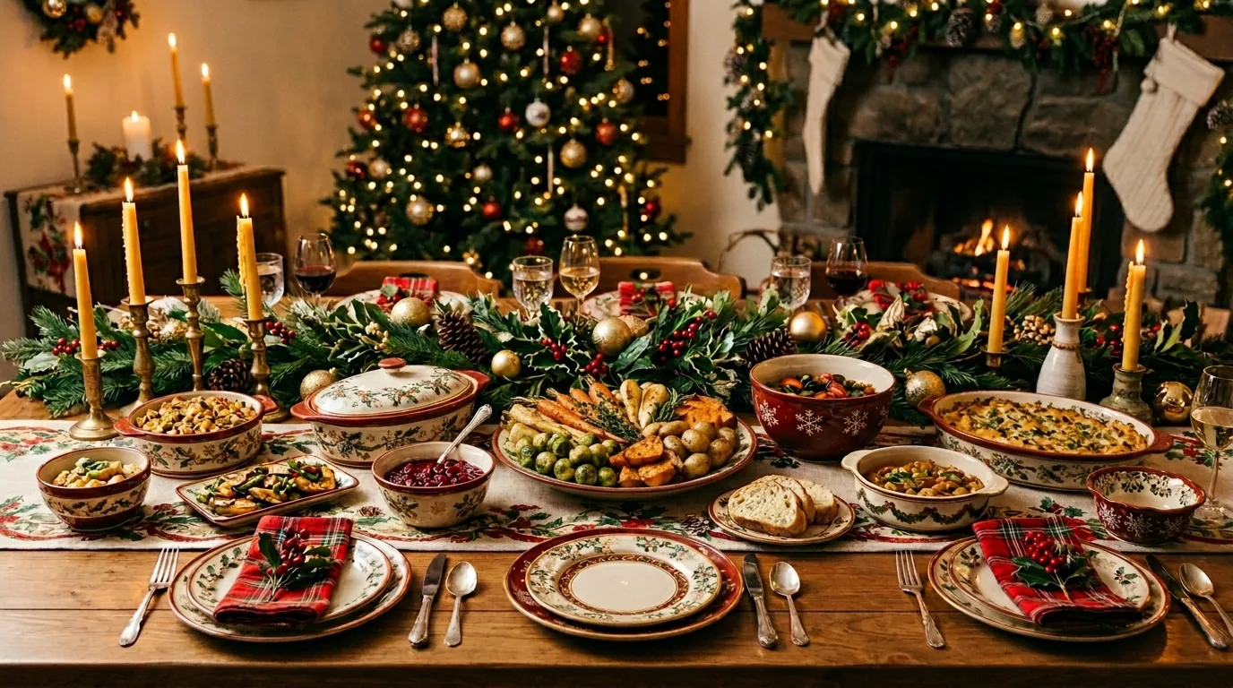 Luxury holiday dining room with glossy handmade pottery and rich evergreen arrangement