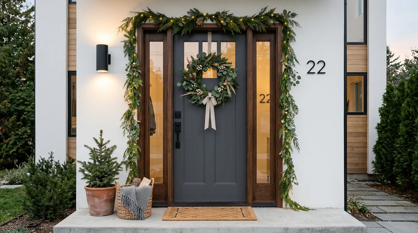 Modern black door with minimalist cedar wreath and brass bells