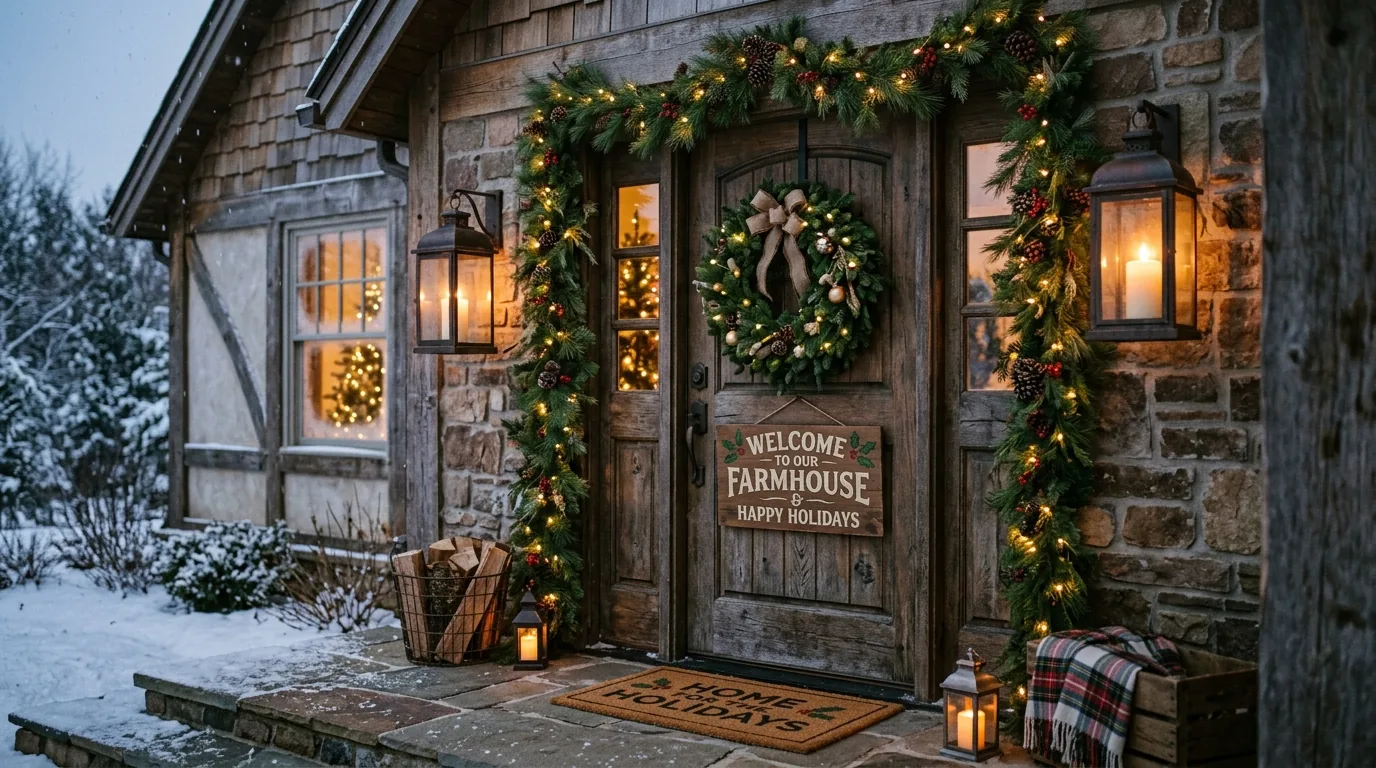 Farmhouse entry with flocked wreath