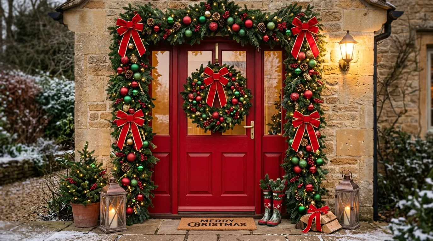 Arched front door wrapped with fresh garland and soft twinkle lights