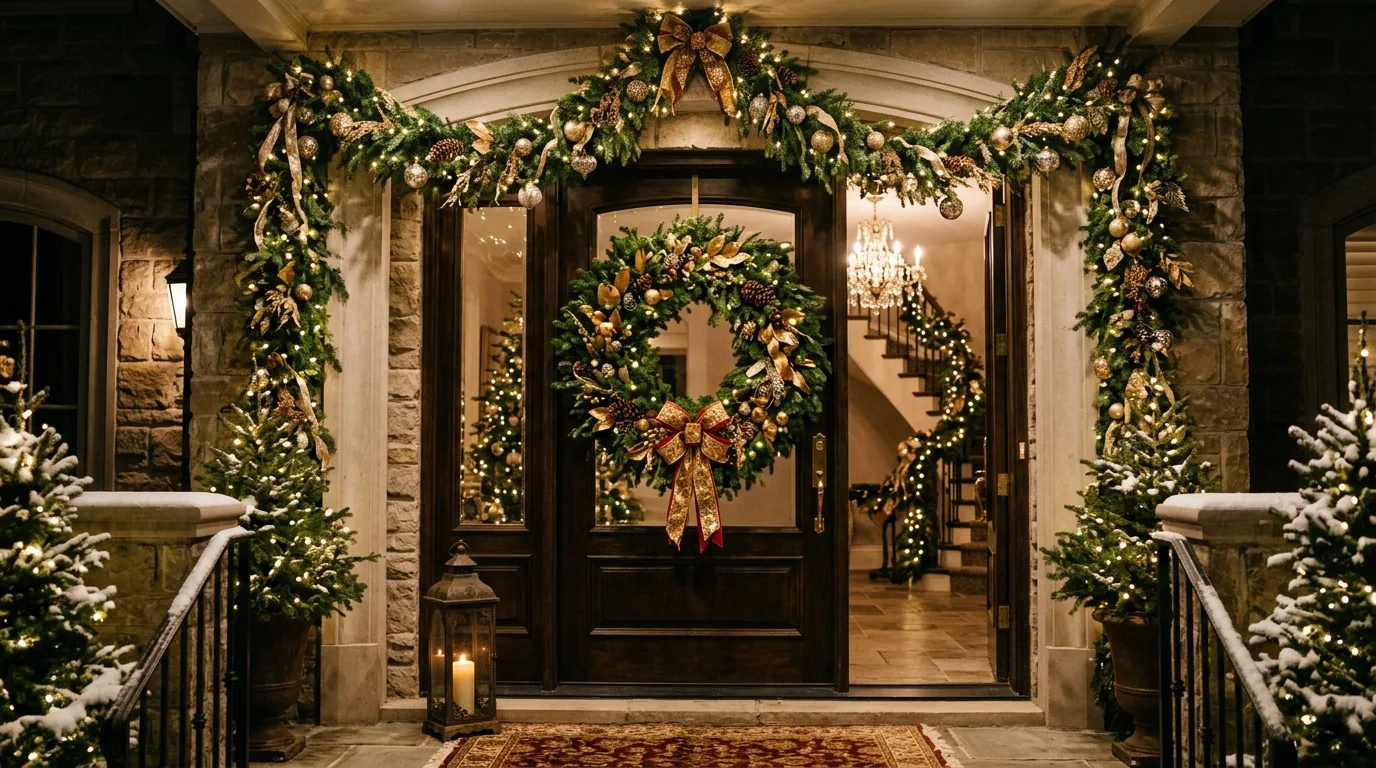 White door with magnolia wreath and gold accents
