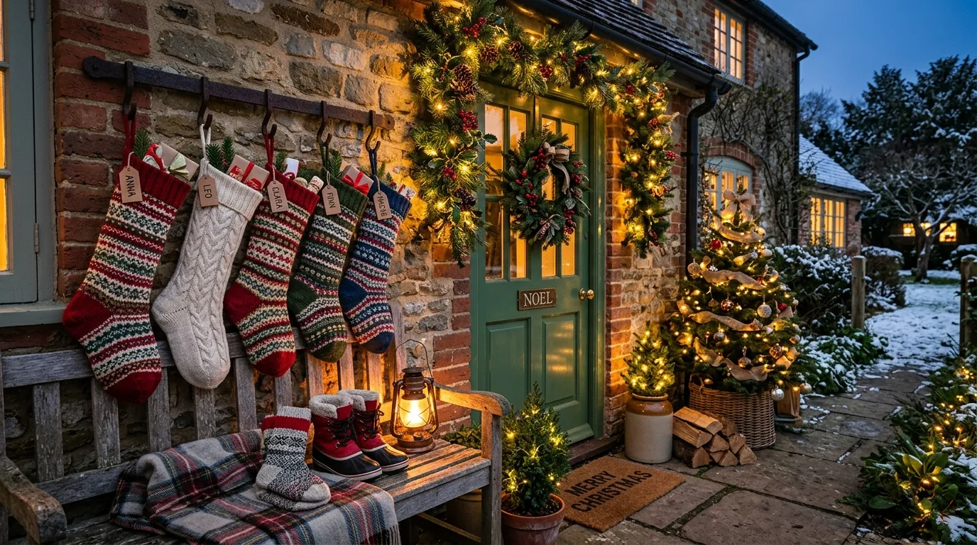 Rustic wooden door with berry wreath