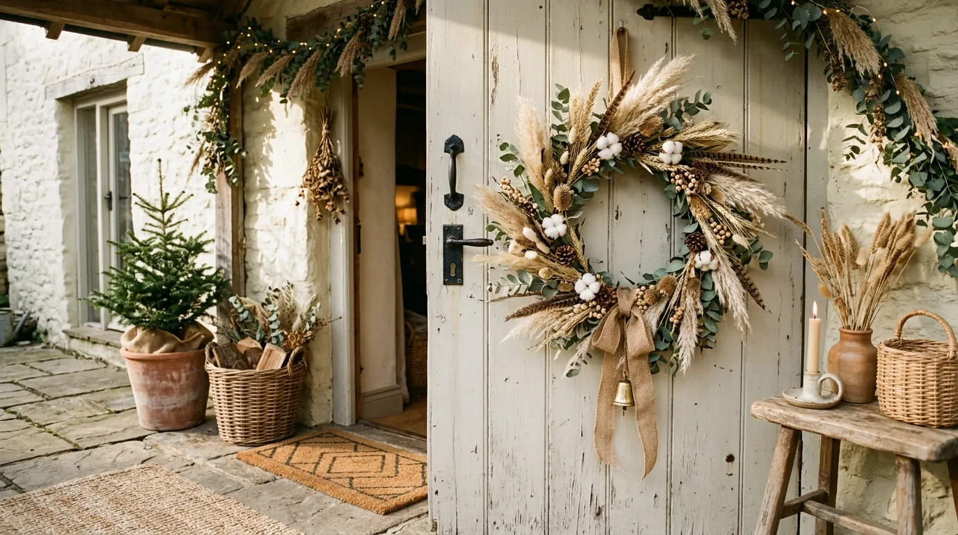 Luxury entry door with symmetrical wreath pair