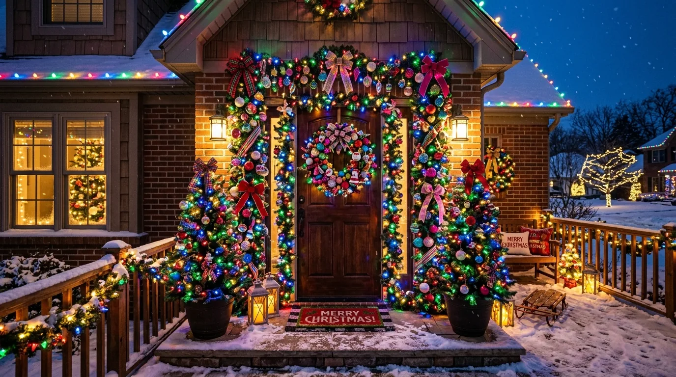 Scandinavian style front door with sparse pine wreath and soft neutral ribbon