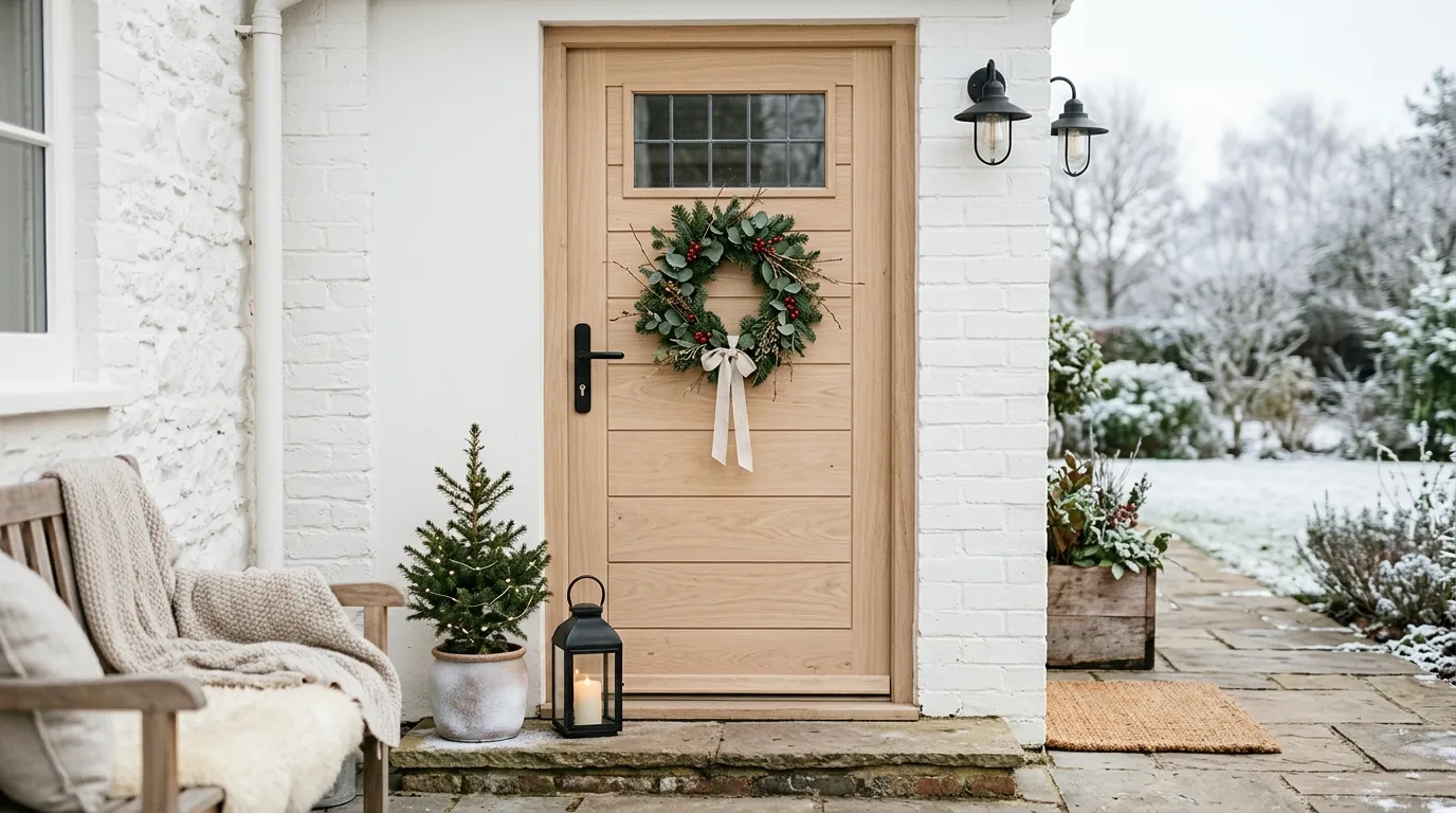 Red front door with cedar swag and hanging bells