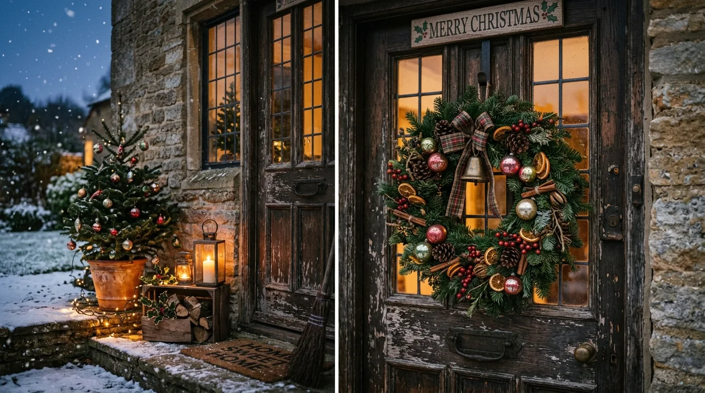 Door with oversized ornament wreath and warm porch lights