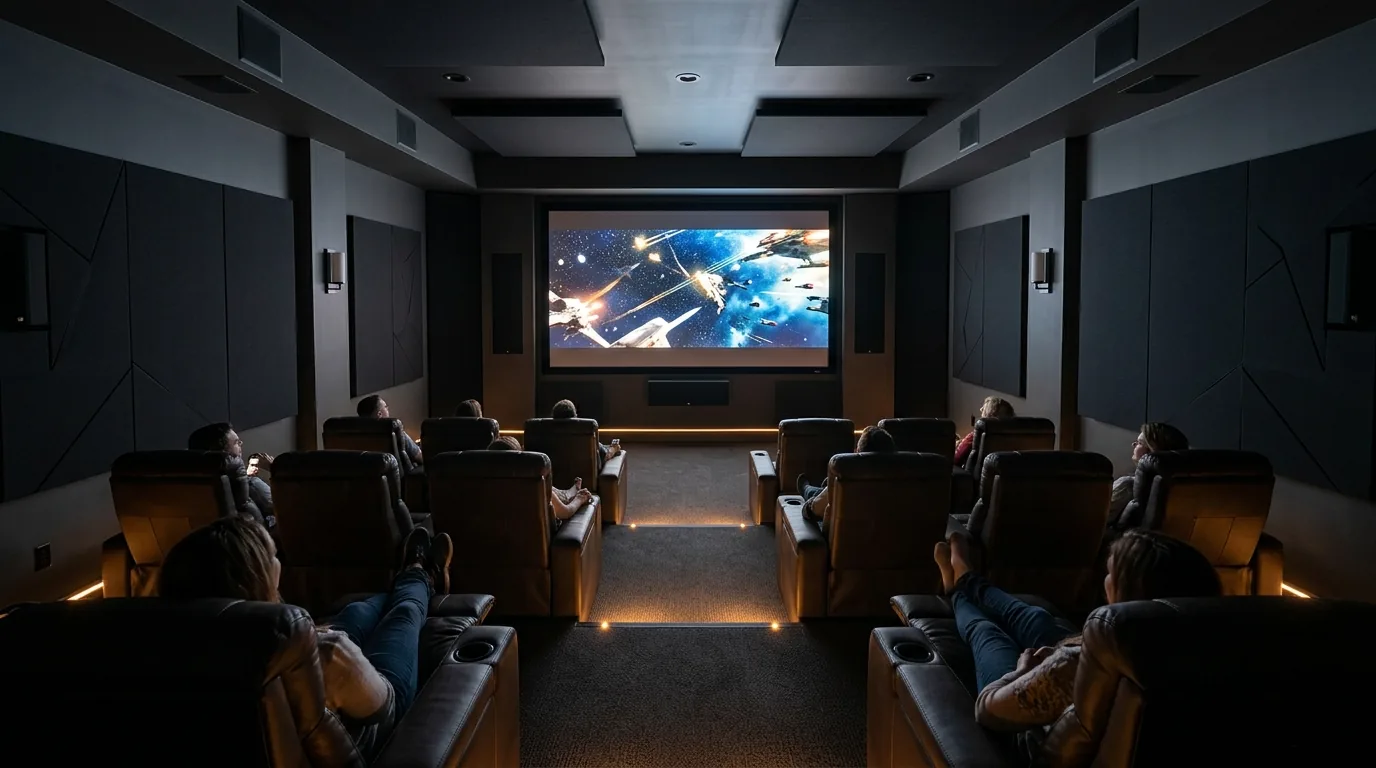 Home theater with recliner row seating and acoustic paneled walls