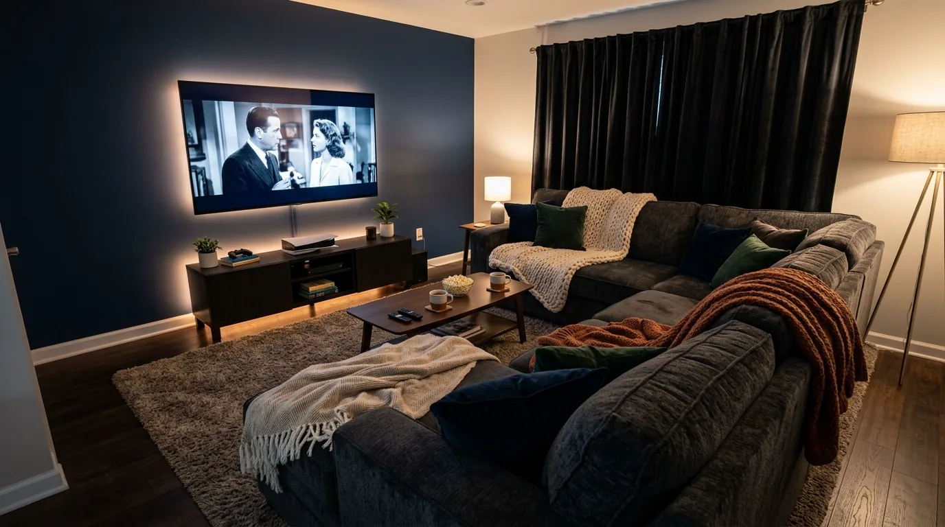 Modern media room with charcoal built ins