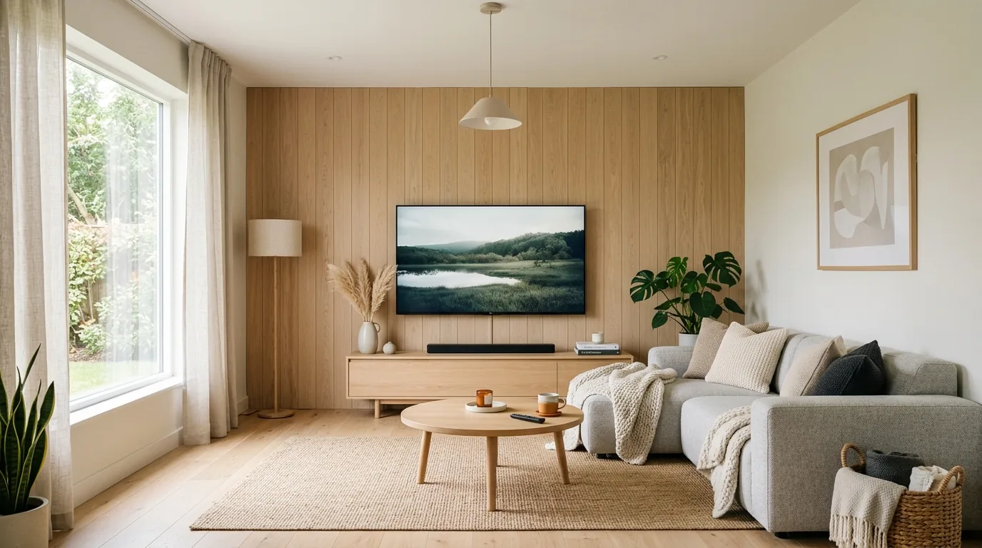 Minimal media room with matte black wall behind screen and floating console