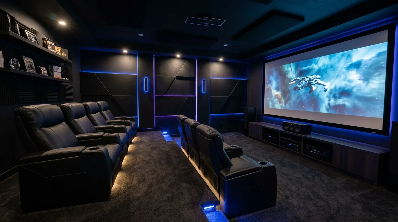 Scandinavian media room with soft gray walls