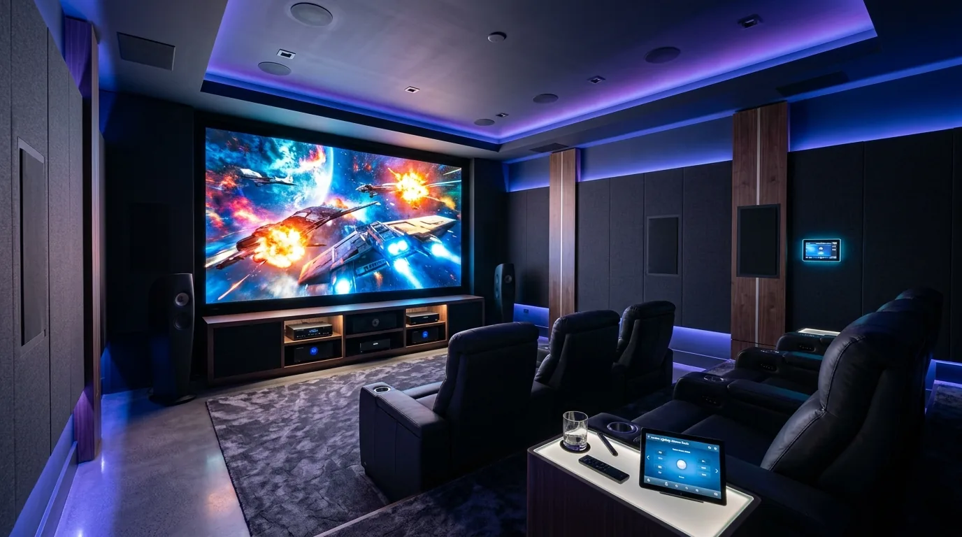 Basement media room with plush carpet