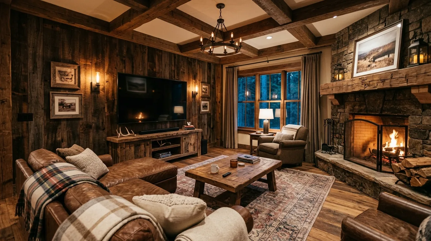 Media room with U shaped sectional and ottoman