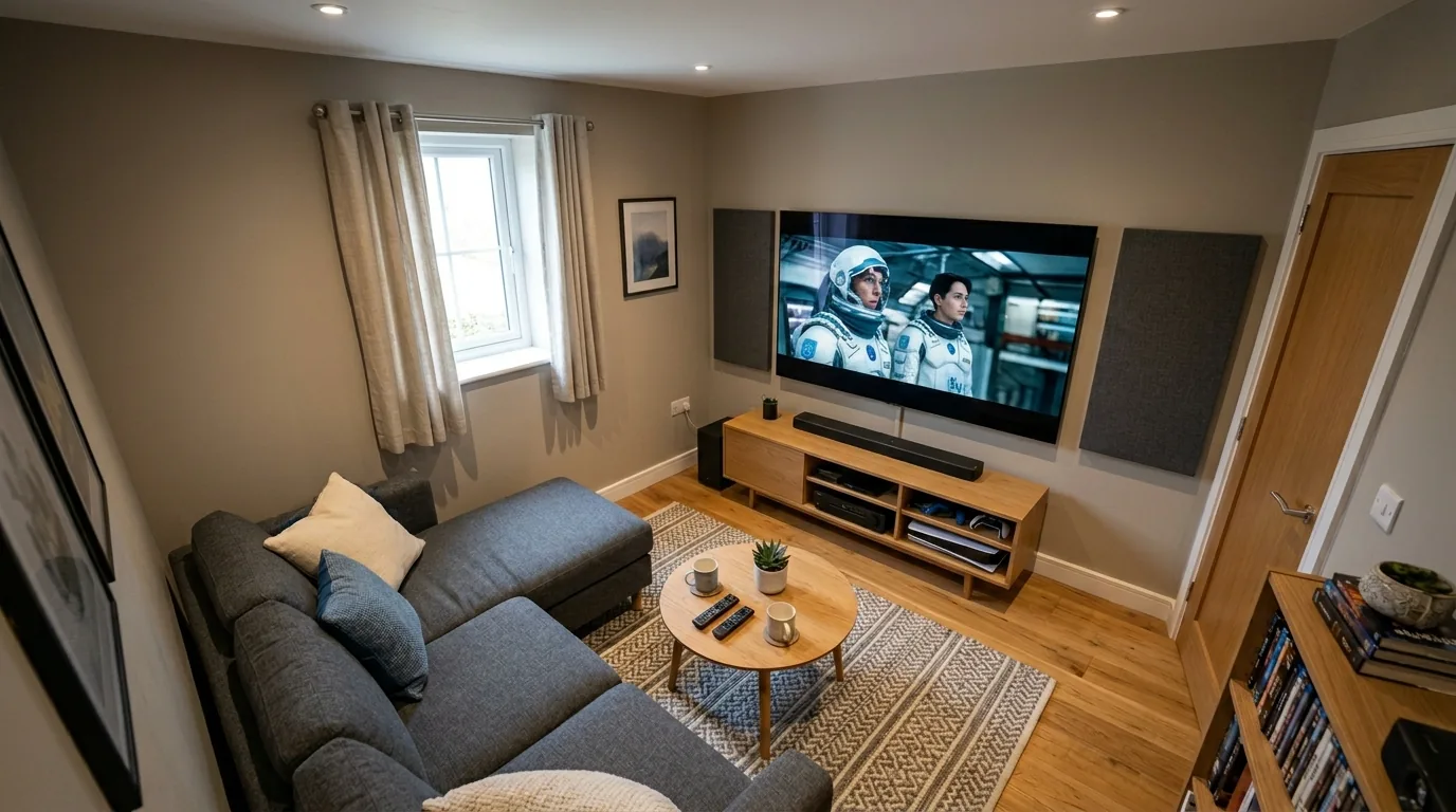 Media room featuring concealed bar cabinet and snack shelf