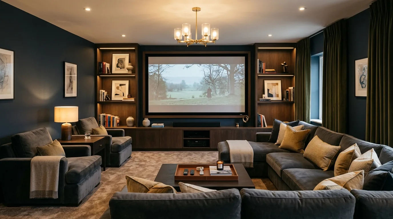Compact wall projector setup with slim speakers and low bench seating