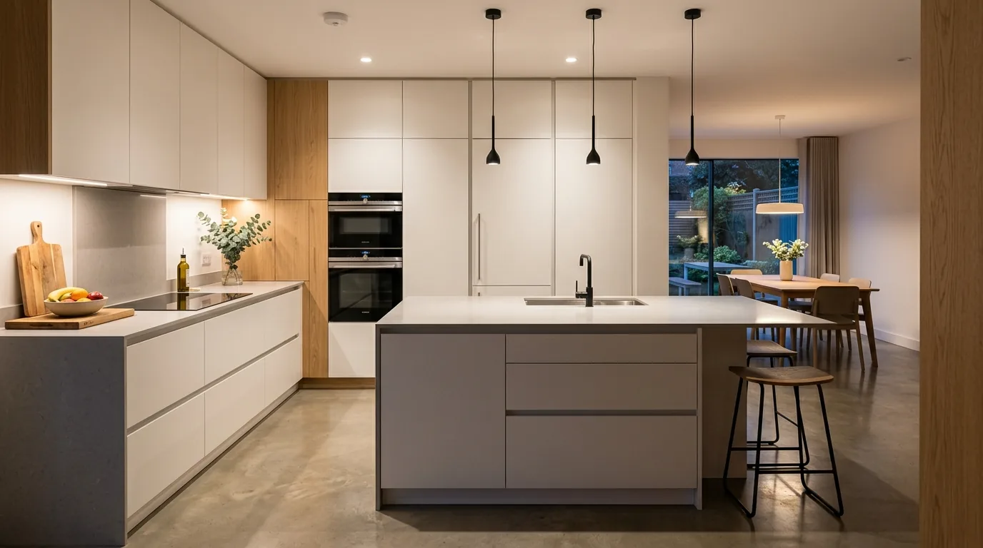 Kitchen flowing into dining area with matching pendant rhythm and cohesive neutral palette