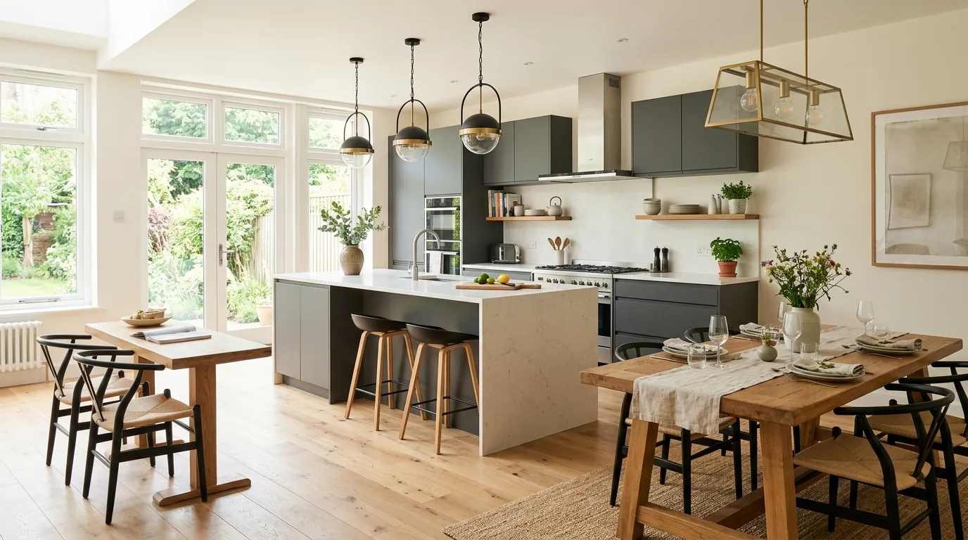 Modern open plan kitchen with navy island and hidden storage wall