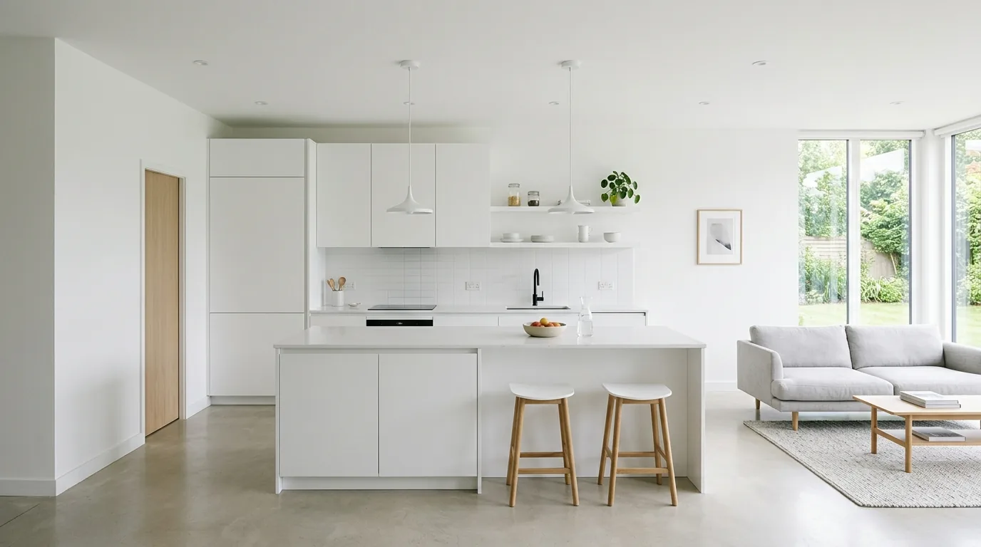 Small open concept kitchen with compact island and breakfast stools