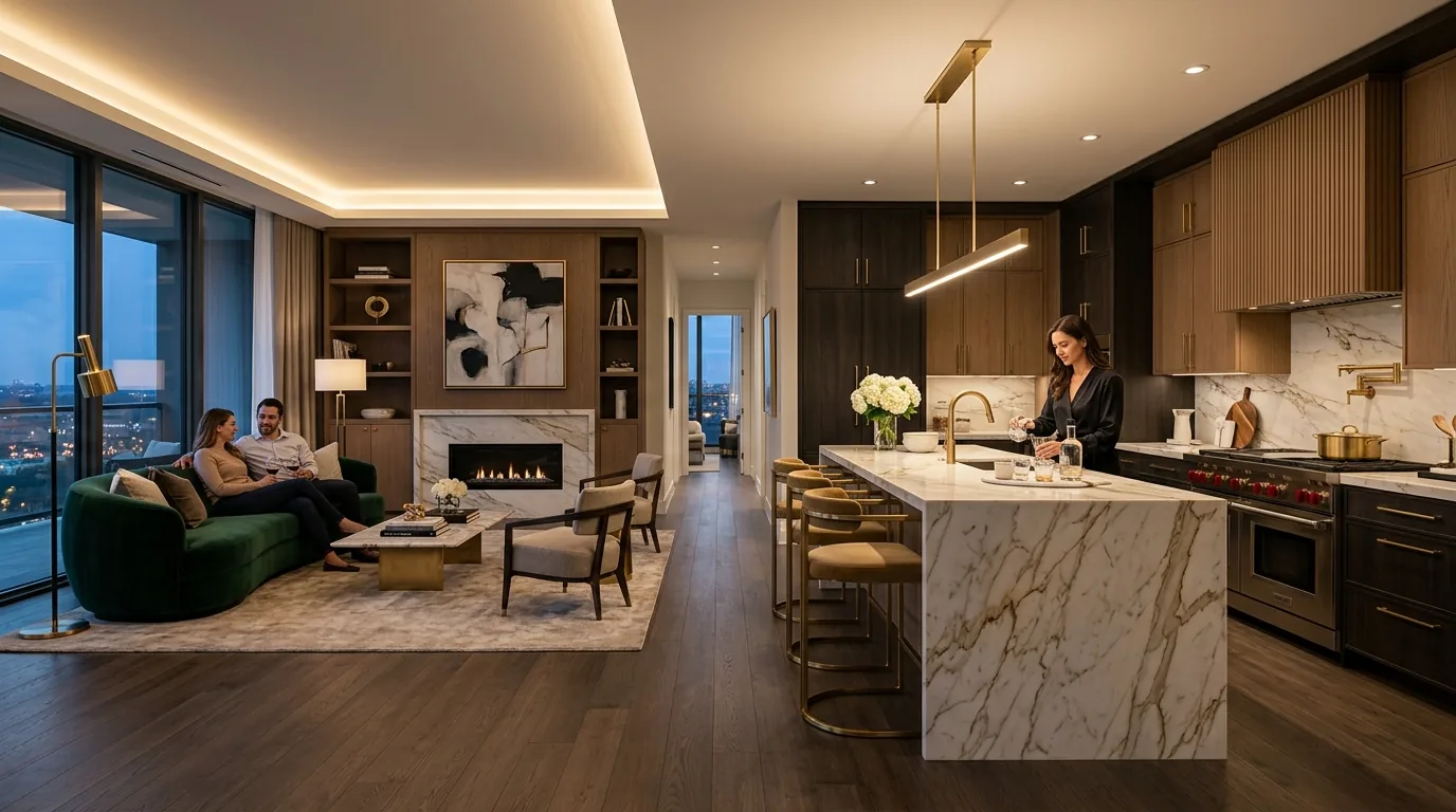 Scandinavian open kitchen with pale wood cabinets and soft white surfaces linking into lounge area