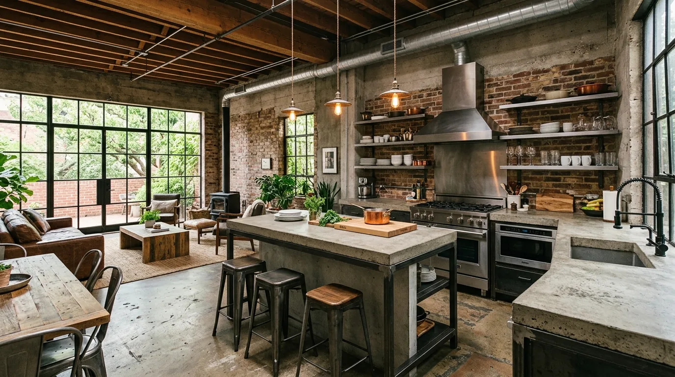 Galley style open concept kitchen with dining banquette nearby and uninterrupted flooring