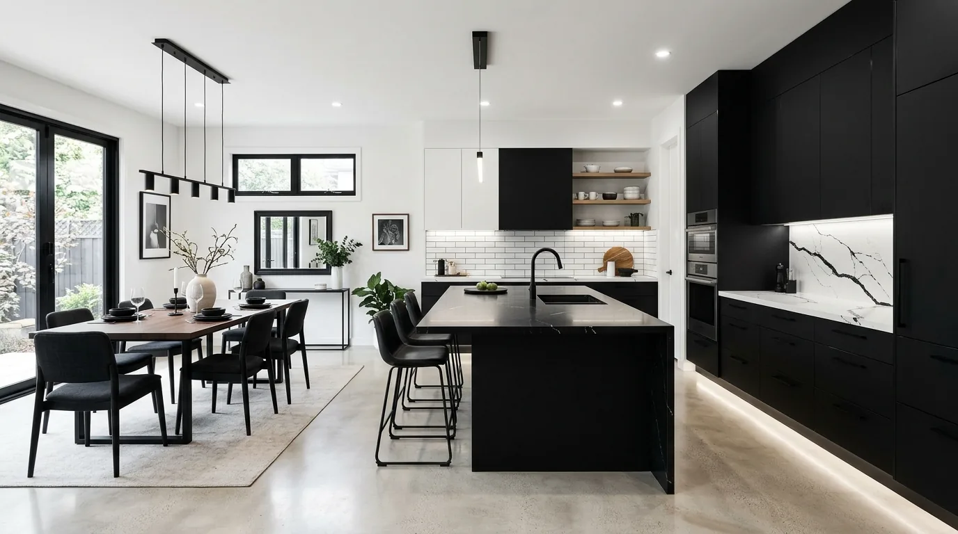 Kitchen and living room sharing one soft taupe palette with black accents
