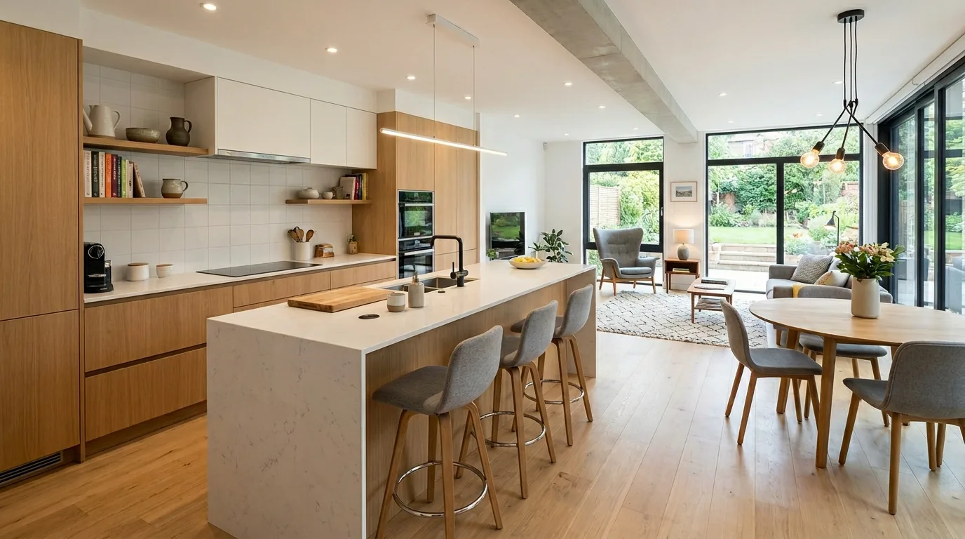 Minimal open concept kitchen with flush cabinetry and sculptural pendants defining the prep zone