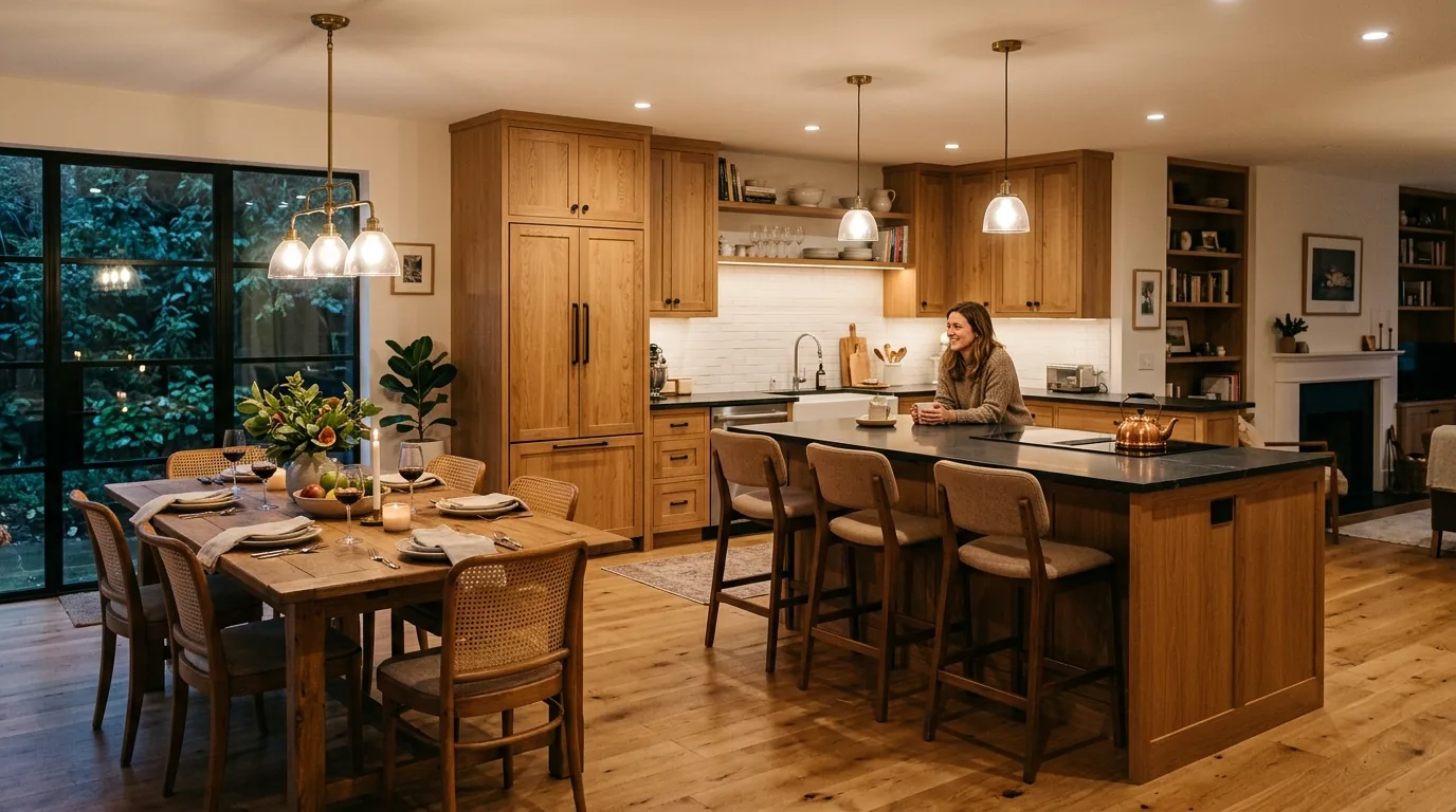 Industrial open kitchen with black metal shelving and warm wood tones tied into dining area