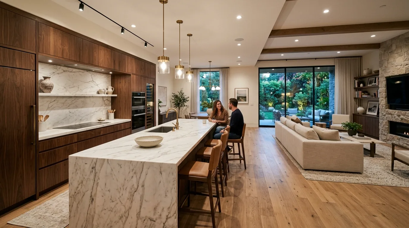 Coastal open kitchen with breezy light cabinetry and woven accents connecting to lounge
