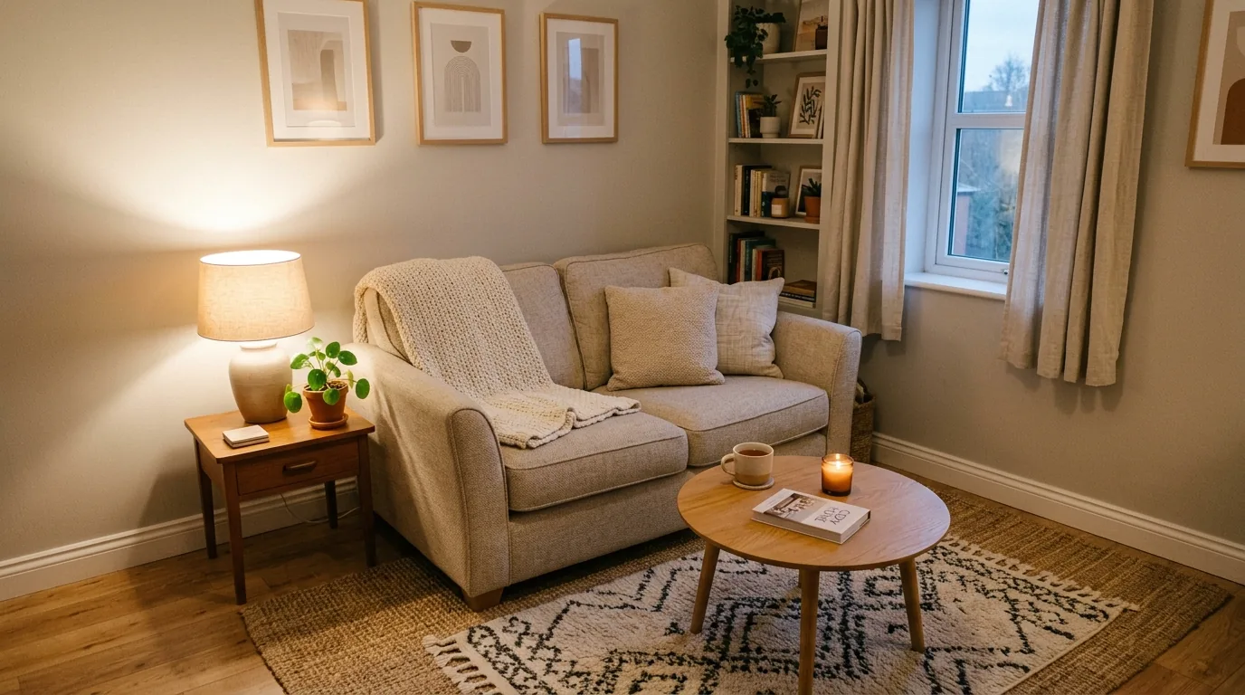 Tiny living room with deep green walls