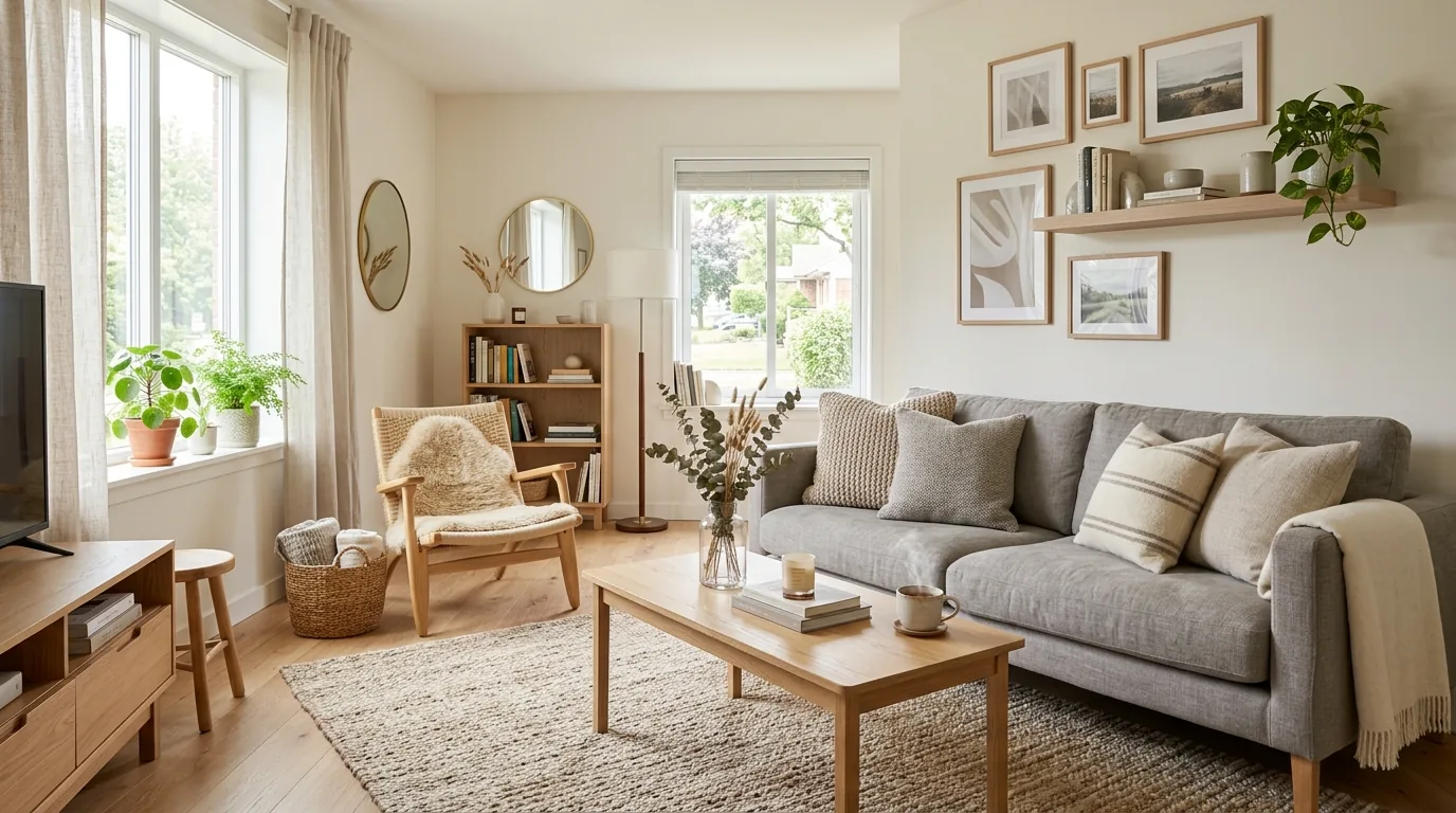 Scandinavian living room with pale sofa