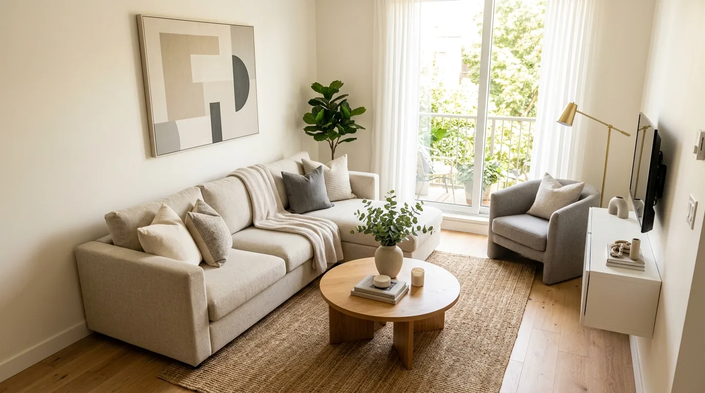 Minimal small living room with one plush chair