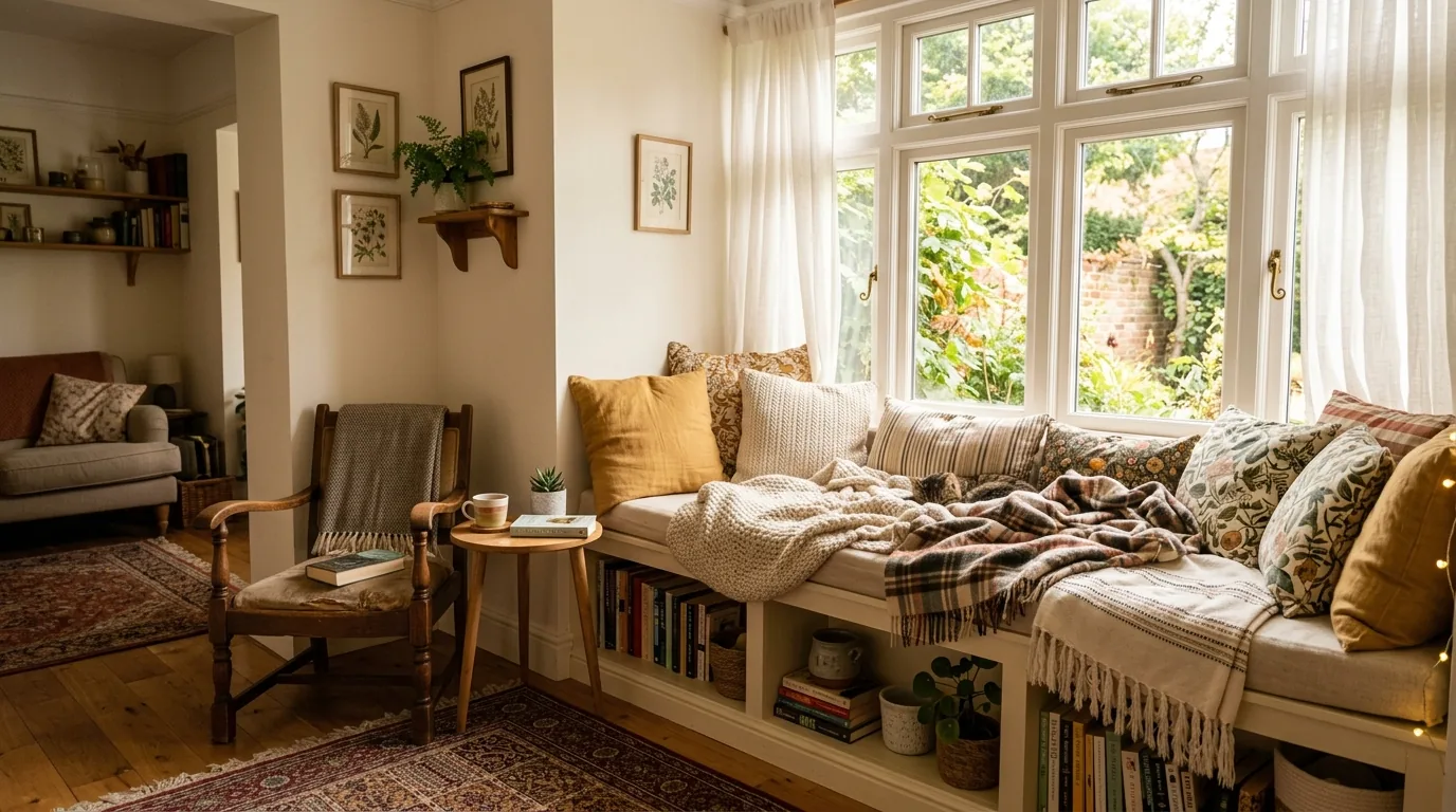 Moody cozy lounge with dark walls