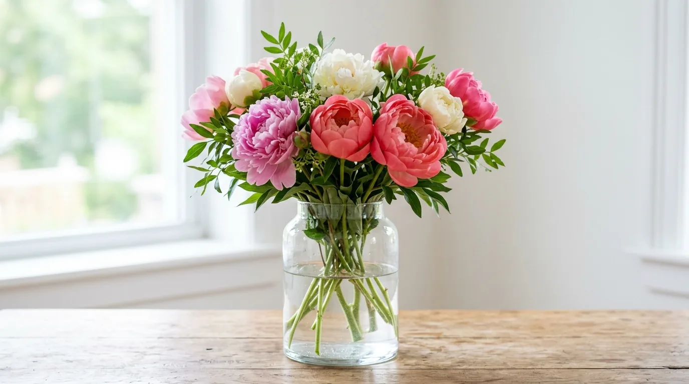 Peony buds at marshmallow stage beside shears and clean vase