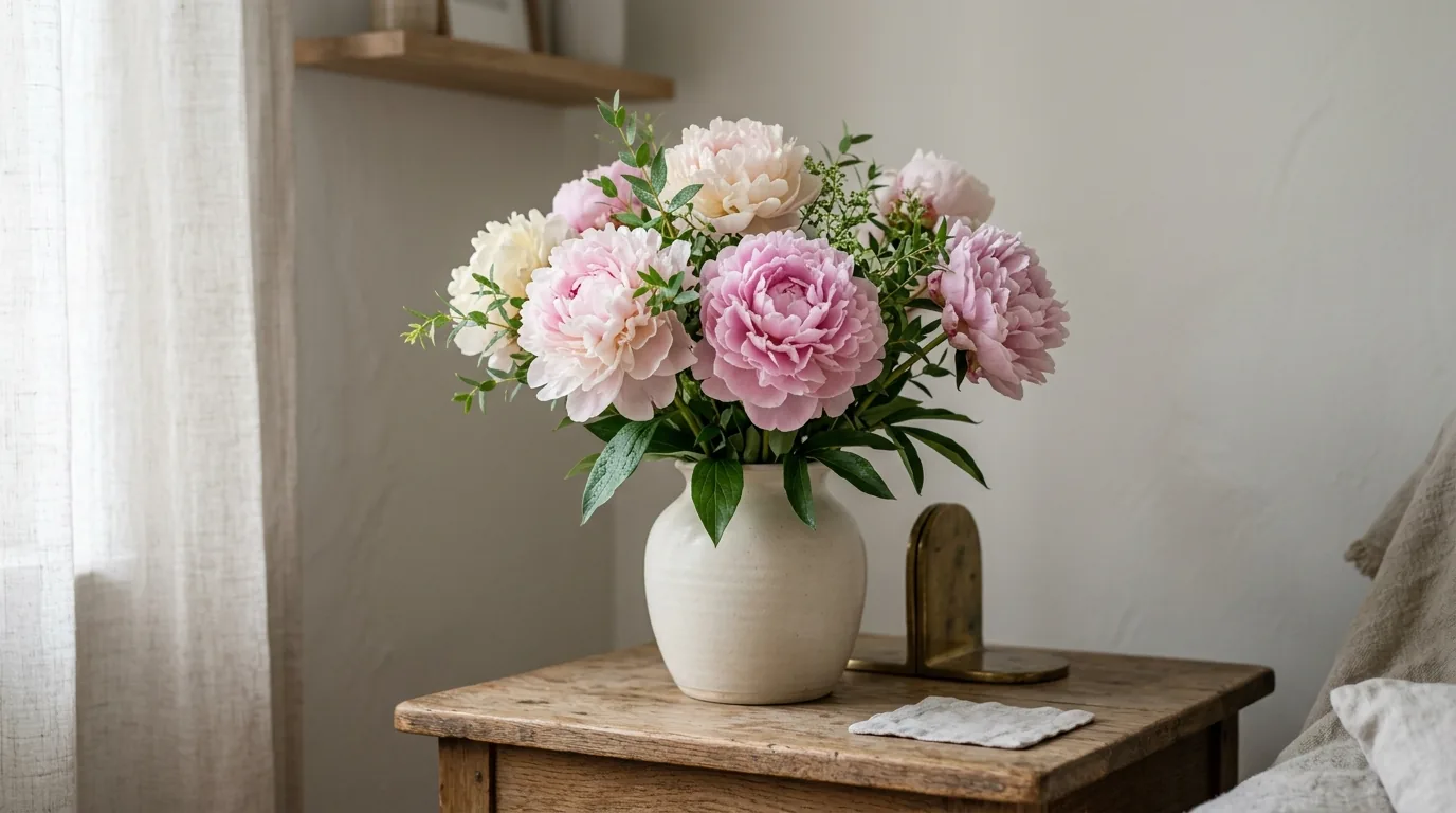 Peonies displayed in cool shaded room away from direct sun