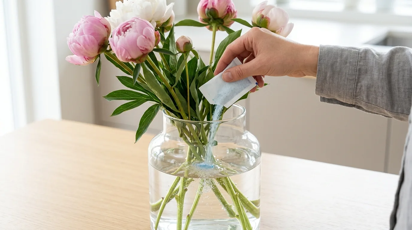 Garden style peony bouquet in supportive ceramic vase with fewer crowded stems