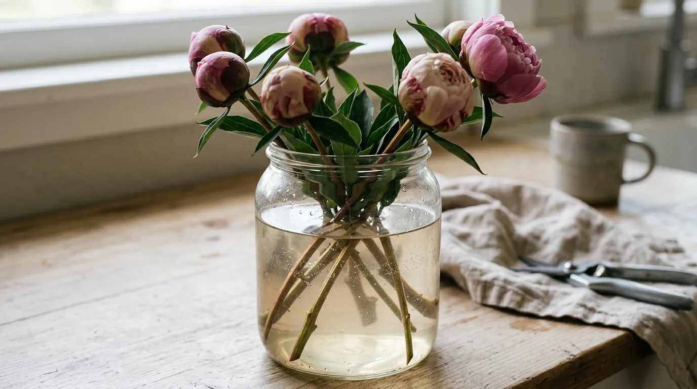 Close view of cloudy vase water being replaced with fresh cool water for peonies