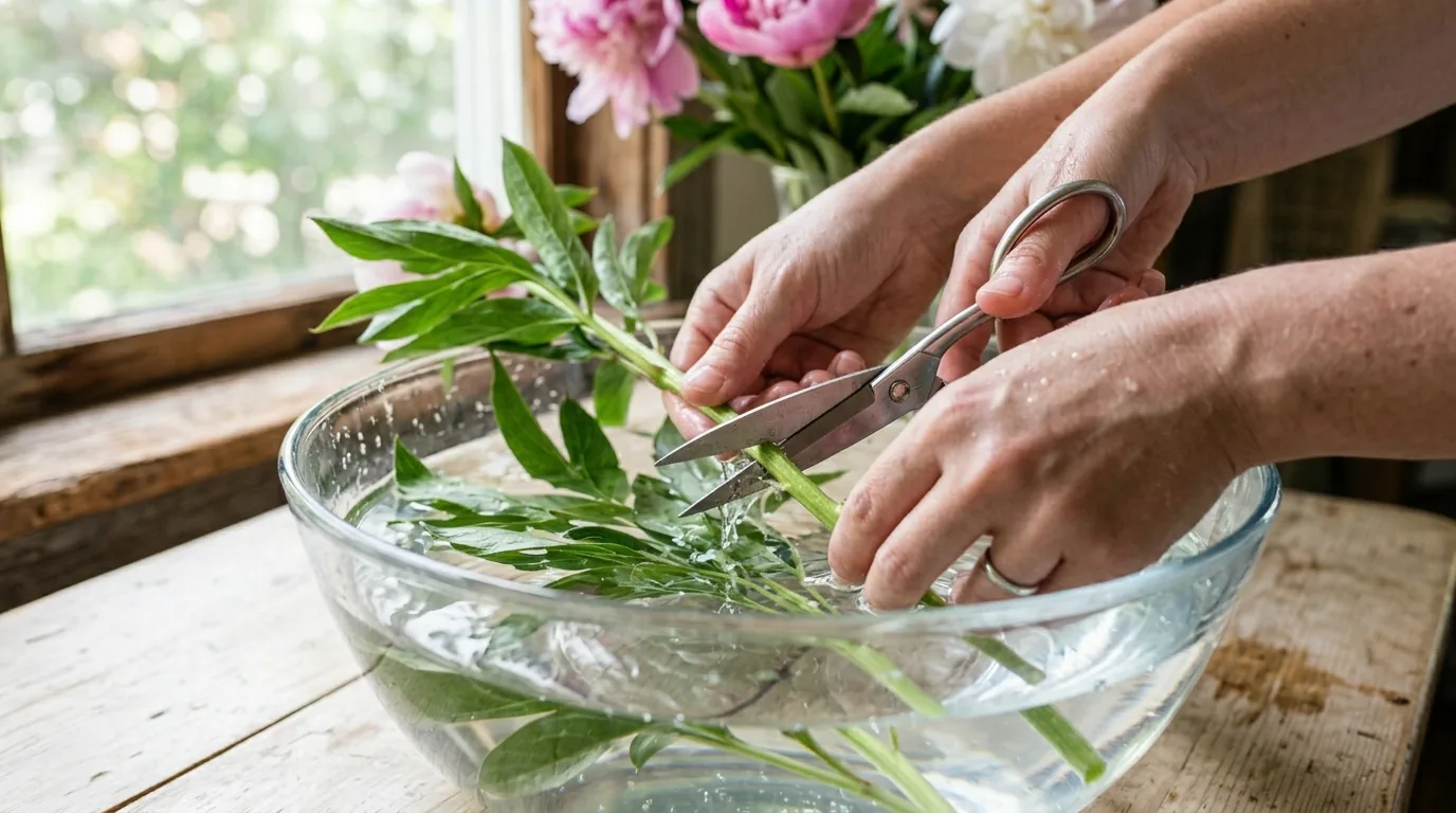 Peony arrangement with outer guard petals gently removed to encourage a cleaner opening