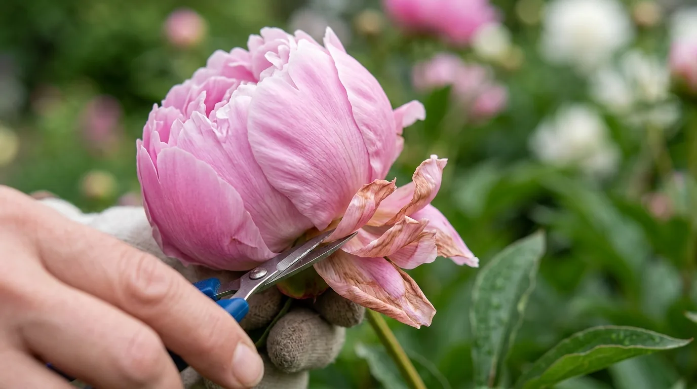Peonies paired with minimal foliage in wide mouthed vase to reduce crowding and drooping