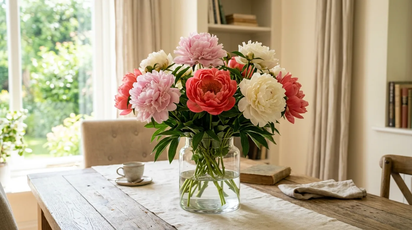 Fully opened peonies in elegant neutral arrangement with fresh water and cool placement