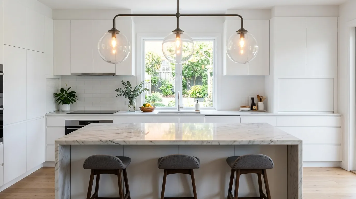 Sculptural brass pendants over a walnut dining table